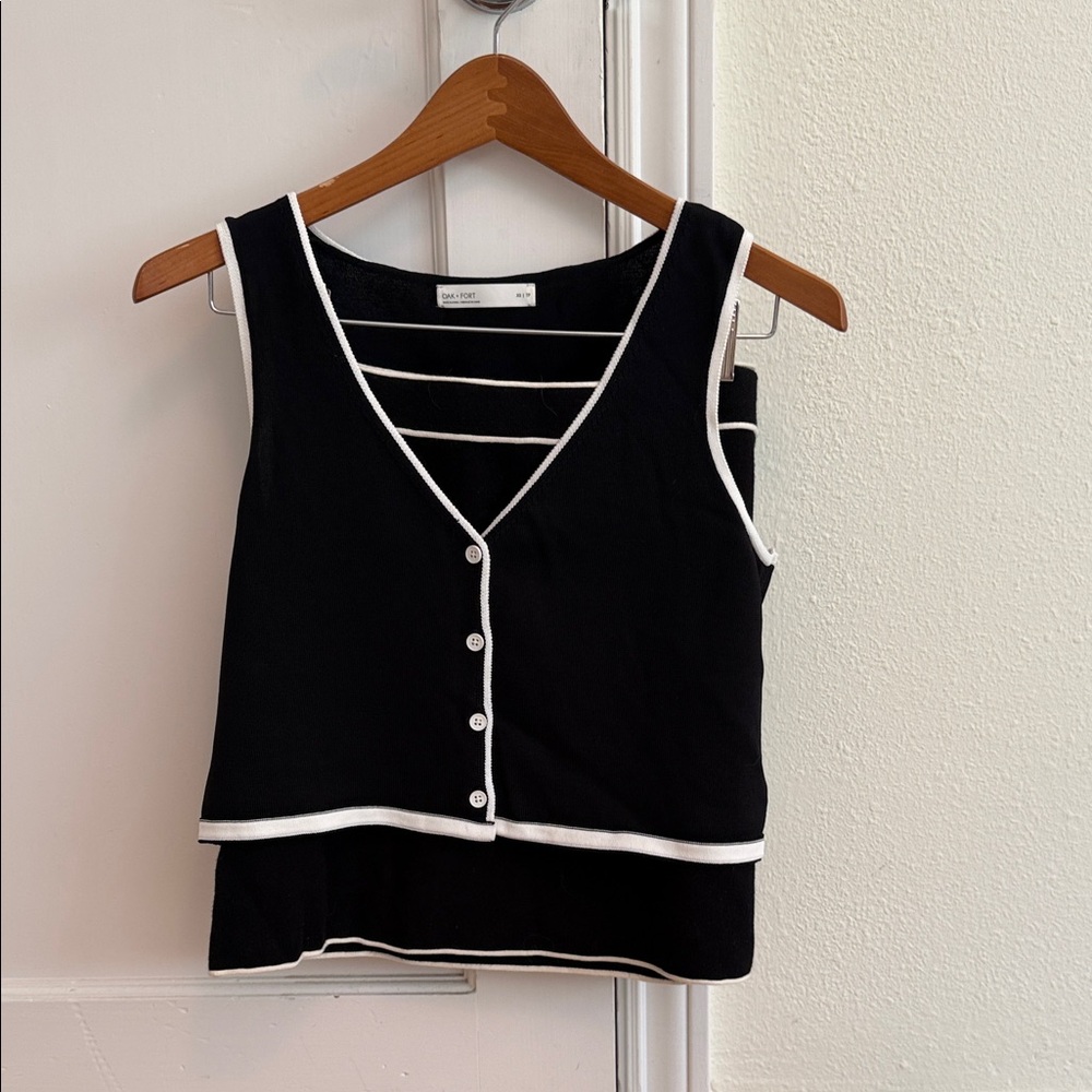 OAK + FORT Black Vest Suit with White Accents